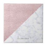 Elegant girly rose gold glitter white marble ceramic tile<br><div class="desc">Stylish and elegant geometric faux rose gold glitter and white marble color block.</div>