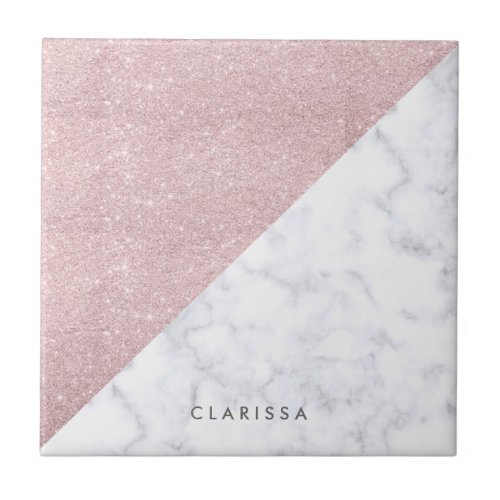 Elegant girly rose gold glitter white marble ceramic tile