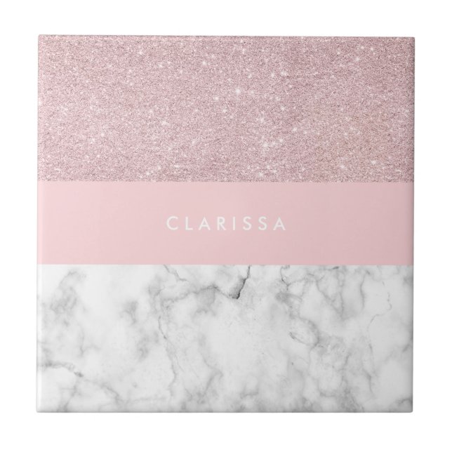 Elegant girly rose gold glitter & white marble ceramic tile (Front)
