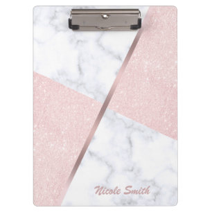 Elegant girly rose gold glitter & white marble clipboard