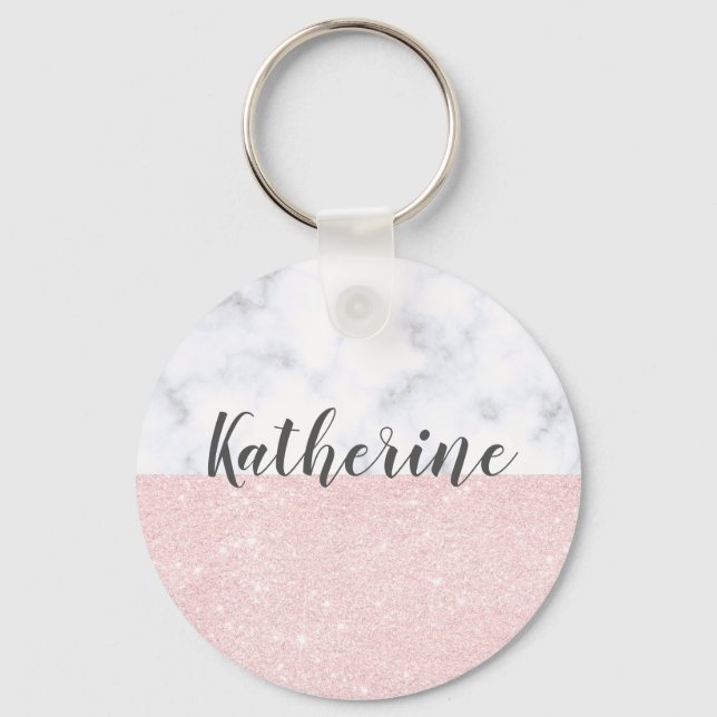 Elegant girly rose gold glitter & white marble keychain (Front)