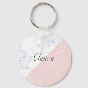 Elegant girly rose gold glitter & white marble keychain