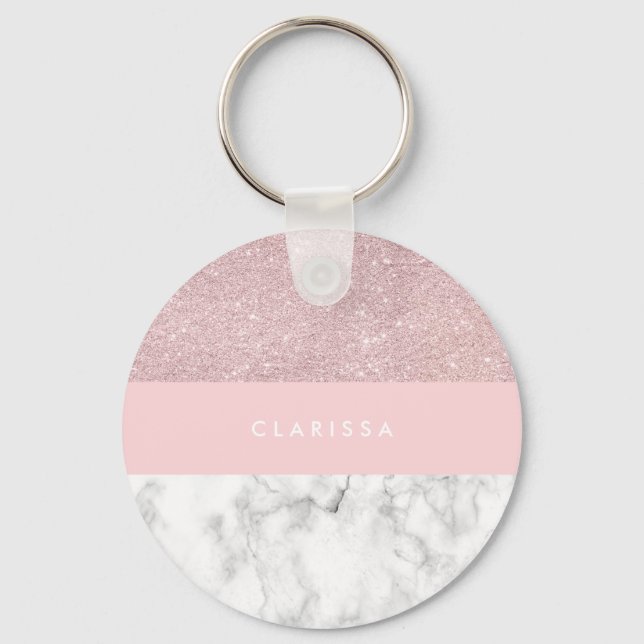 Elegant girly rose gold glitter & white marble keychain (Front)