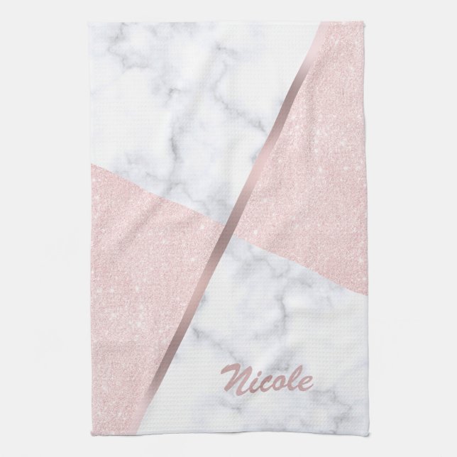 Elegant girly rose gold glitter & white marble kitchen towel (Vertical)