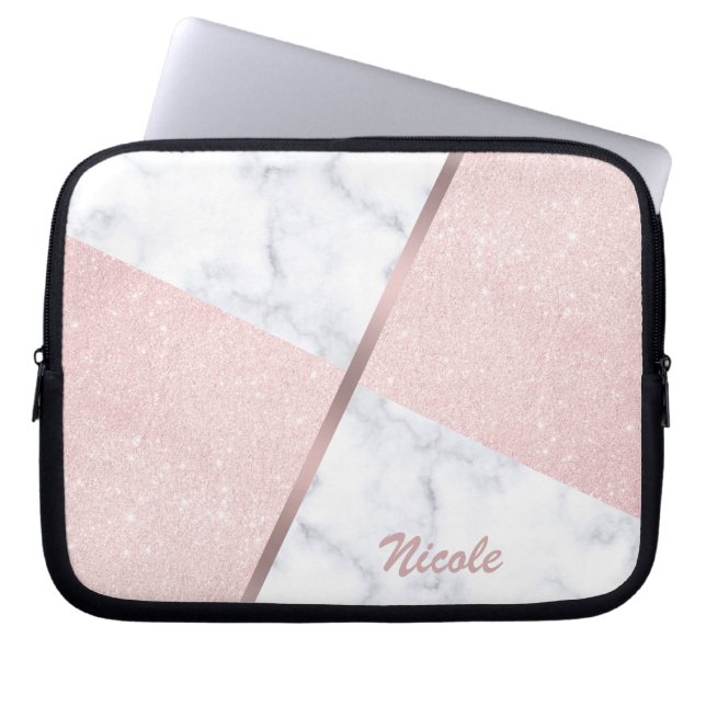 Elegant girly rose gold glitter & white marble laptop sleeve (Front)