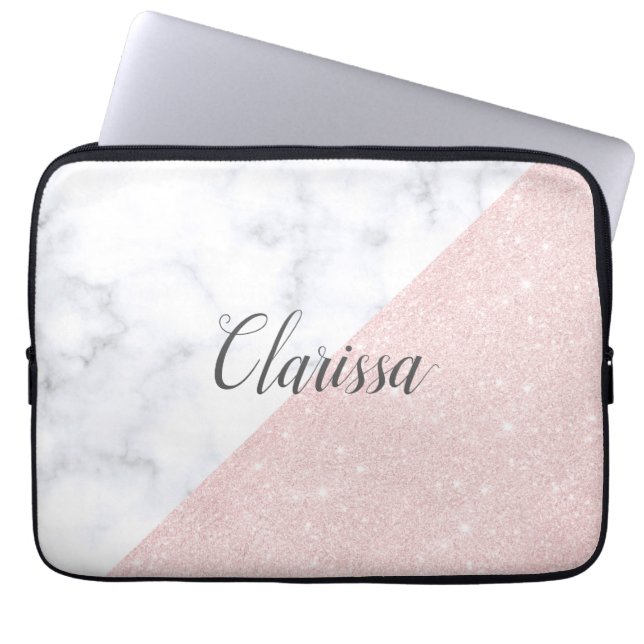Elegant girly rose gold glitter & white marble laptop sleeve (Front)