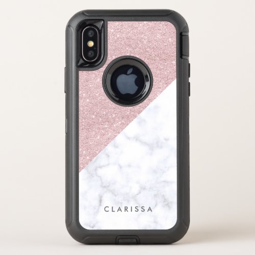 Elegant girly rose gold glitter white marble OtterBox defender iPhone XS case