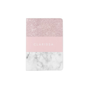 Elegant girly rose gold glitter & white marble passport holder