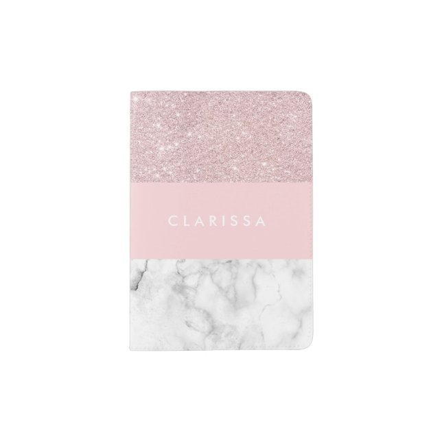 Elegant girly rose gold glitter & white marble passport holder (Front)