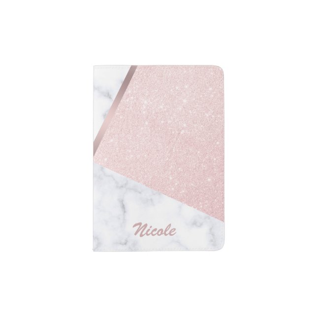 Elegant girly rose gold glitter & white marble passport holder (Front)