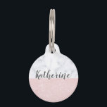 Elegant girly rose gold glitter & white marble pet ID tag<br><div class="desc">Stylish combination of faux rose gold glitter & white marble color block.</div>
