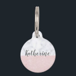 Elegant girly rose gold glitter & white marble pet ID tag<br><div class="desc">Stylish combination of faux rose gold glitter & white marble color block.</div>