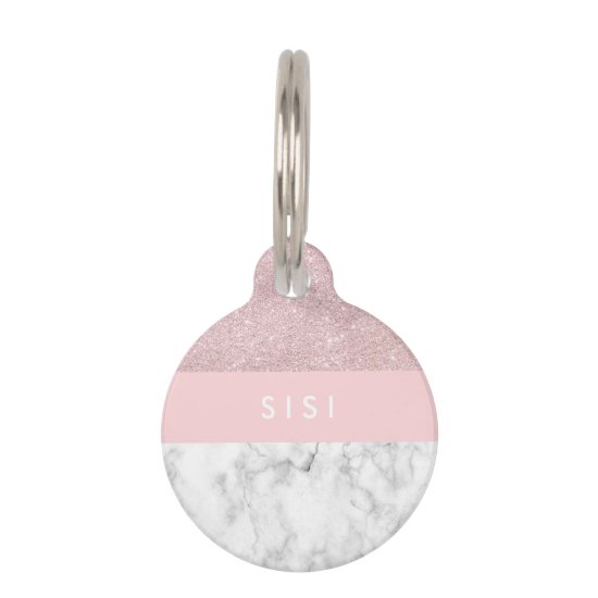 Elegant girly rose gold glitter & white marble pet ID tag