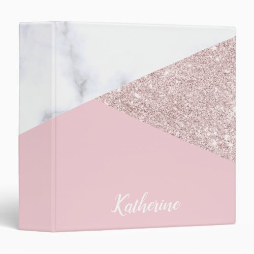 Elegant girly rose gold glitter white marble pink 3 ring binder