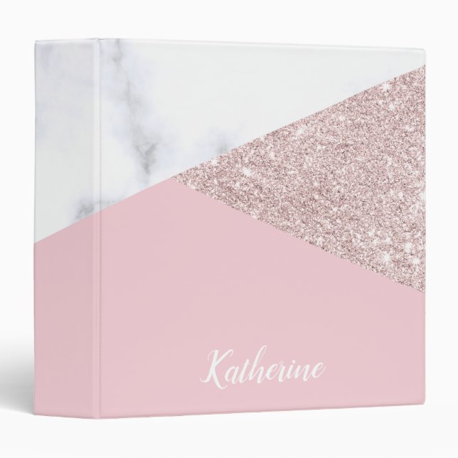 Elegant girly rose gold glitter white marble pink 3 ring binder (Front/Spine)