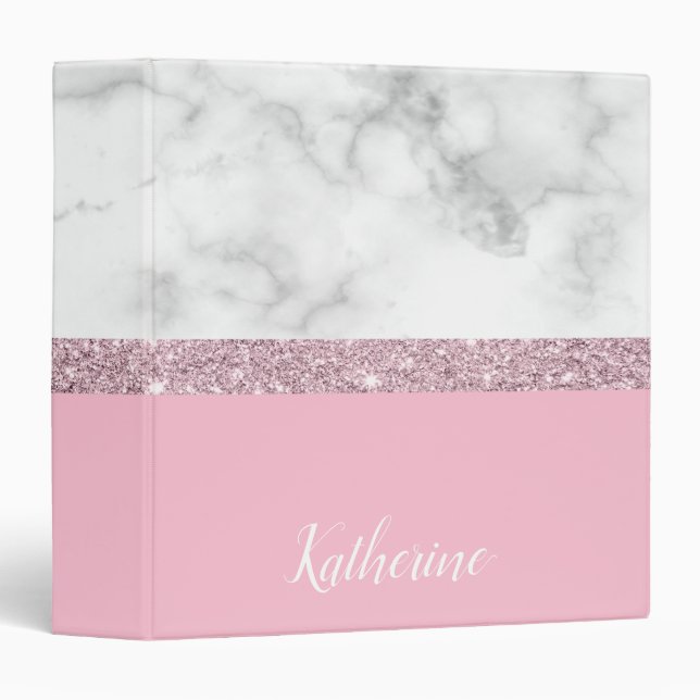 Elegant girly rose gold glitter white marble pink 3 ring binder (Front/Spine)