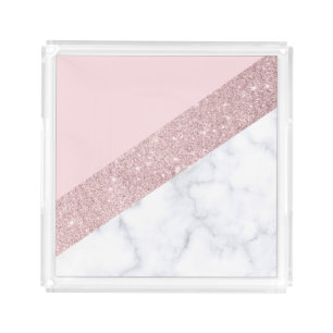 elegant girly rose gold glitter white marble pink acrylic tray