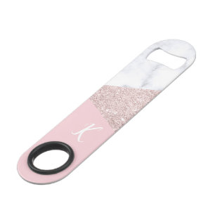 Elegant girly rose gold glitter white marble pink bar key