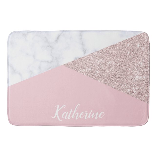 Elegant girly rose gold glitter white marble pink bathroom mat (Front)