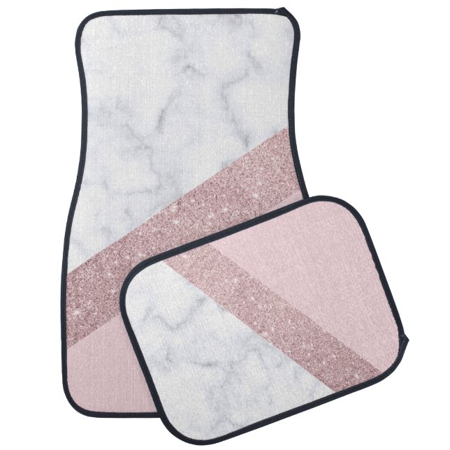 elegant girly rose gold glitter white marble pink car mat (Set)