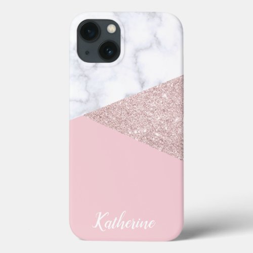 Elegant girly rose gold glitter white marble pink iPhone 13 case