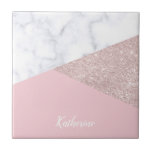 Elegant girly rose gold glitter white marble pink ceramic tile<br><div class="desc">Stylish and elegant geometric faux rose gold glitter,  white marble and pink color block.</div>