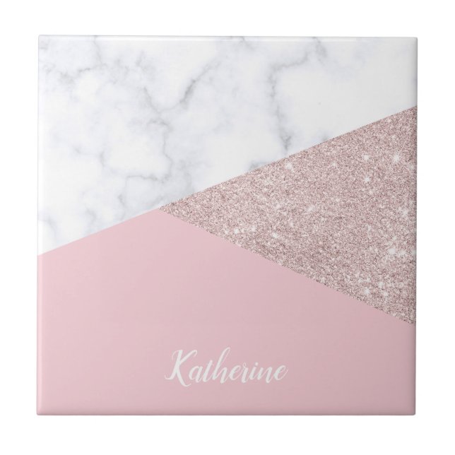 Elegant girly rose gold glitter white marble pink ceramic tile (Front)