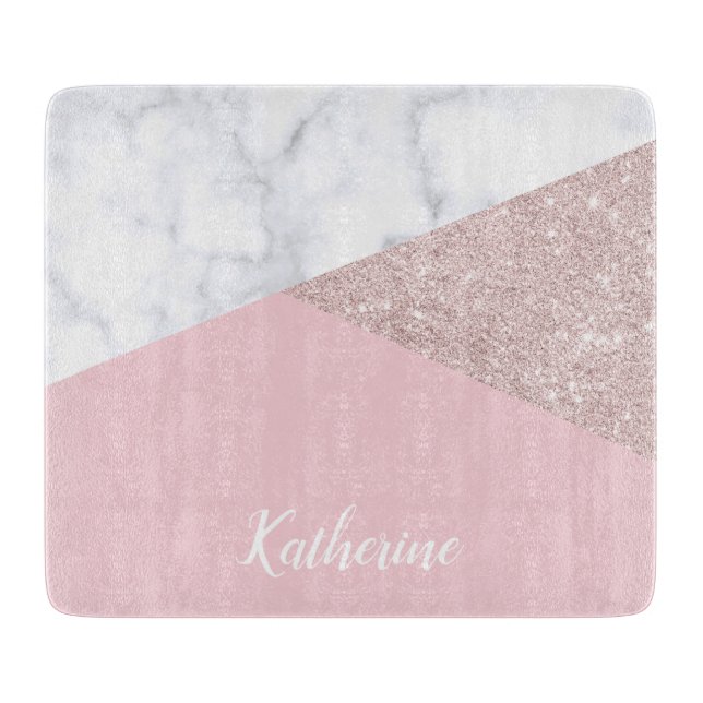 Elegant girly rose gold glitter white marble pink cutting board (Front)