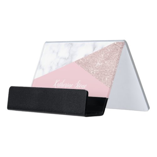Elegant girly rose gold glitter white marble pink desk business card holder