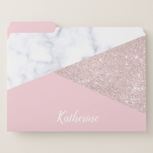 Elegant girly rose gold glitter white marble pink file folder (Front Left)