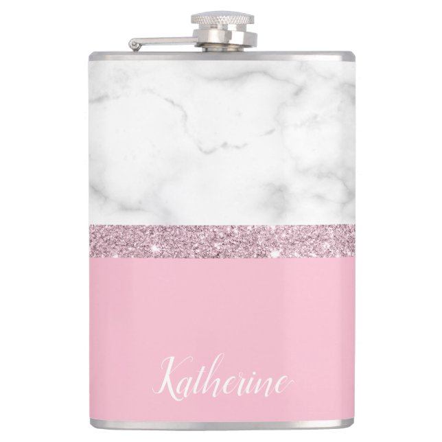 Elegant girly rose gold glitter white marble pink flask (Front)