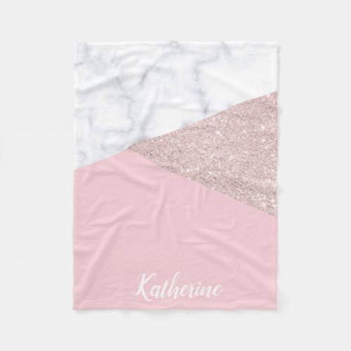 Elegant girly rose gold glitter white marble pink fleece blanket