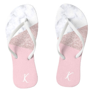 Elegant girly rose gold glitter white marble pink flip flops