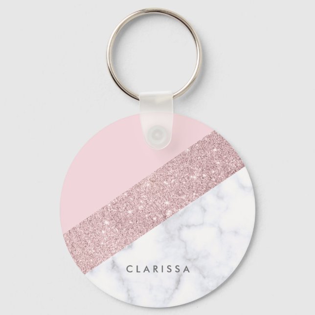 elegant girly rose gold glitter white marble pink keychain (Front)