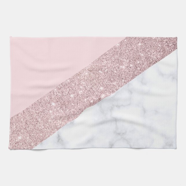 elegant girly rose gold glitter white marble pink kitchen towel (Horizontal)