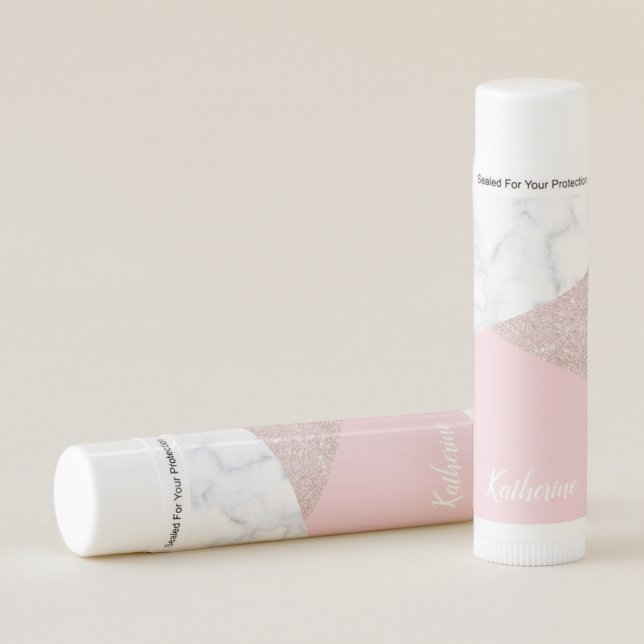 Elegant girly rose gold glitter white marble pink lip balm (Front)