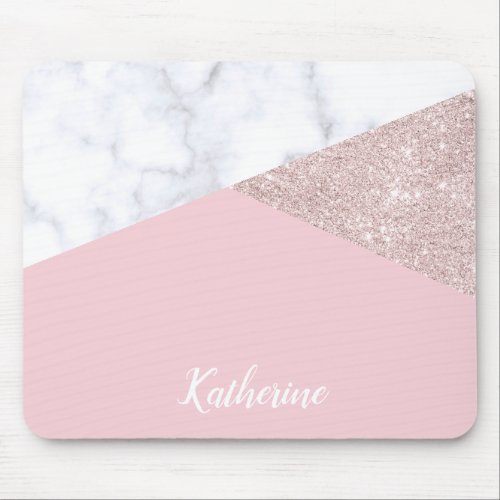 Elegant girly rose gold glitter white marble pink mouse pad