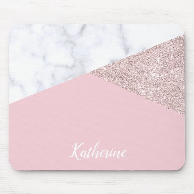 Elegant girly rose gold glitter white marble pink mouse pad (Front)
