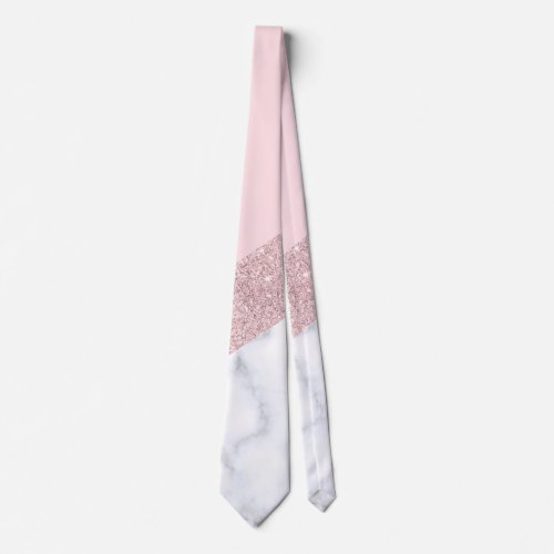 elegant girly rose gold glitter white marble pink neck tie