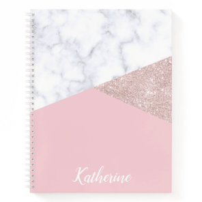 Elegant girly rose gold glitter white marble pink notebook