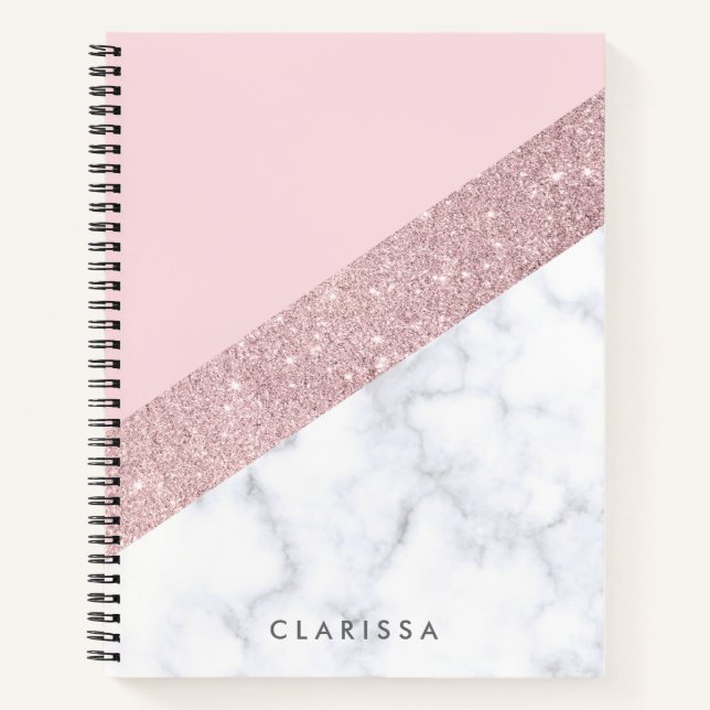 elegant girly rose gold glitter white marble pink notebook (Front)