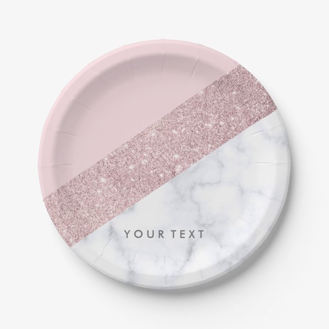elegant girly rose gold glitter white marble pink paper plates (Front)