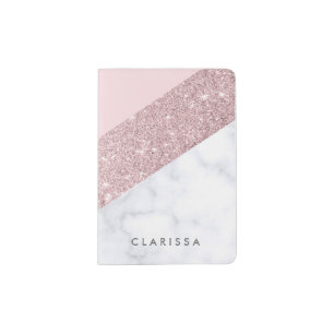 elegant girly rose gold glitter white marble pink passport holder