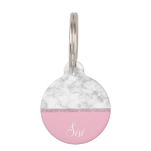 Elegant girly rose gold glitter white marble pink pet name tag