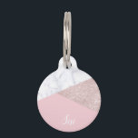 Elegant girly rose gold glitter white marble pink pet tag<br><div class="desc">Stylish and elegant geometric faux rose gold glitter,  white marble and pink color block.</div>