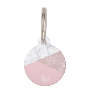 Elegant girly rose gold glitter white marble pink pet tag