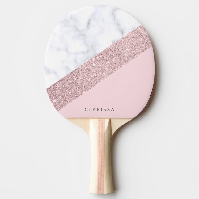 elegant girly rose gold glitter white marble pink ping pong paddle (Front)