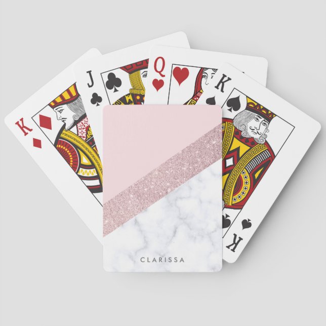 elegant girly rose gold glitter white marble pink poker cards (Back)
