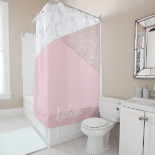 Elegant girly rose gold glitter white marble pink shower curtain