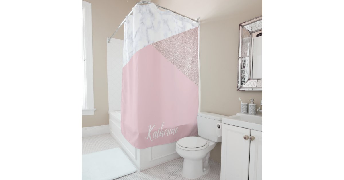 Elegant Girly Rose Gold Glitter White, Blush Pink Rose Gold Shower Curtain